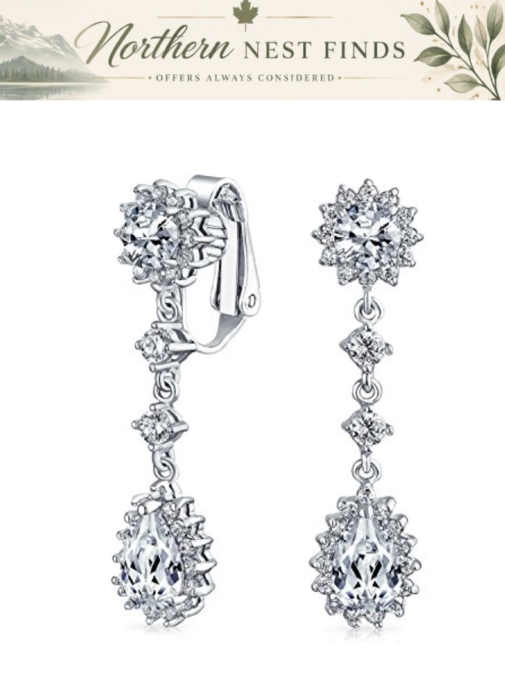 Cubic Zirconia Teardrop Chandelier Clip On Earrings Bridal